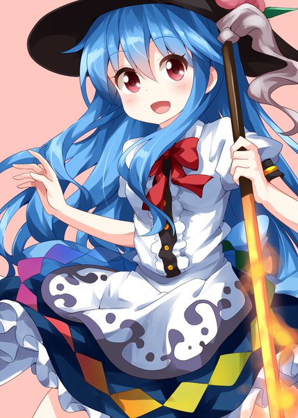 Anime picture 1000x1400 with touhou hinanawi tenshi ruu (tksymkw) single long hair tall image looking at viewer blush fringe open mouth simple background hair between eyes red eyes blue hair :d puffy sleeves pink background girl weapon hat