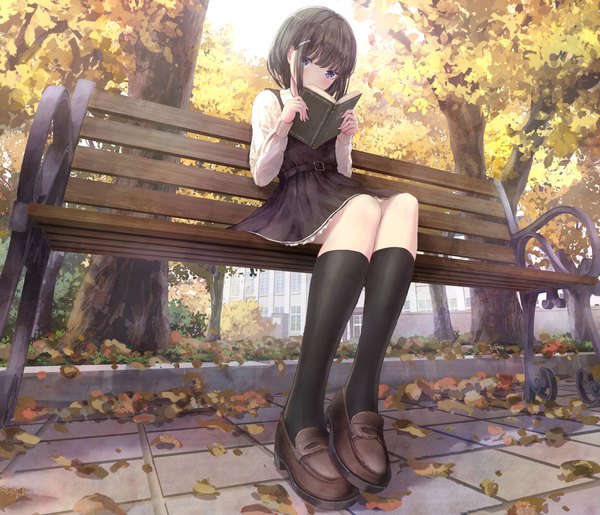 Anime picture 1858x1595 with original missle228 single blush fringe highres short hair sitting purple eyes holding payot looking away full body outdoors from below autumn perspective girl plant (plants) tree (trees)