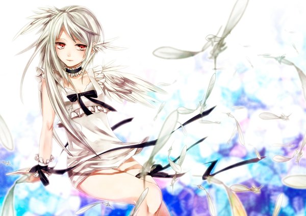 Anime picture 1697x1200 with original memai single long hair looking at viewer blush simple background red eyes sitting white hair light smile girl dress bow ribbon (ribbons) wings choker frills white dress feather (feathers)
