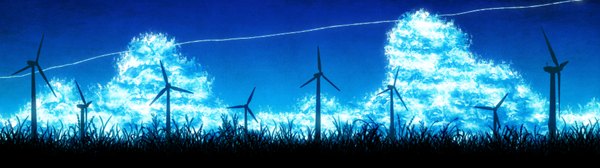 Anime picture 3840x1080 with original urara256 highres wide image sky cloud (clouds) no people long image plant (plants) grass wind turbine