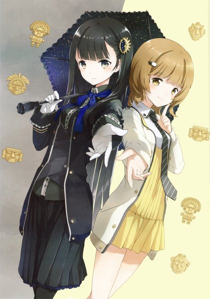 Anime picture 2236x3189 with hiru mo yoru mo ryoute ni akujo hatagaya tsukuyo mitani hinata tiv long hair tall image looking at viewer highres short hair blue eyes black hair brown hair multiple girls yellow eyes scan girl dress gloves 2 girls necktie