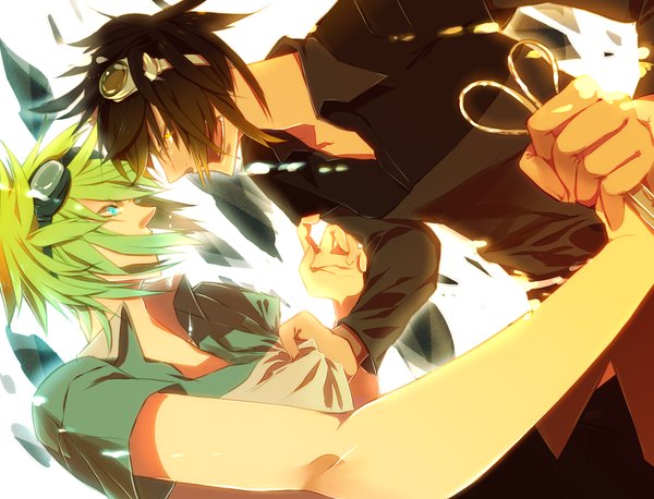 Anime picture 1600x1223 with vocaloid gumi gumo soumen (artist) short hair blue eyes black hair brown hair yellow eyes green hair angry dual persona genderswap girl boy glasses goggles scissors mosaic roll