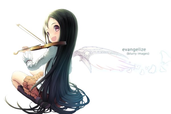 Anime picture 2517x1678 with original armais (me-chan337) single long hair blush highres open mouth black hair red eyes white background looking back loli girl dress wings socks black socks violin