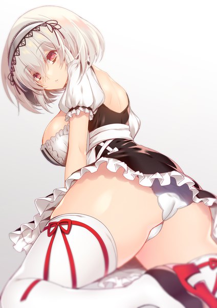 Anime picture 827x1169 with azur lane sirius (azur lane) sakurame single tall image looking at viewer fringe short hair breasts light erotic simple background hair between eyes red eyes large breasts white background silver hair ass head tilt looking back from behind