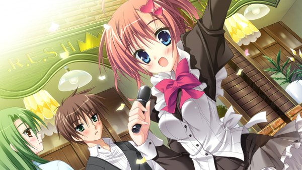 Anime picture 1280x720 with kisaragi gold star (game) endou saya short hair open mouth blue eyes brown hair wide image game cg girl microphone