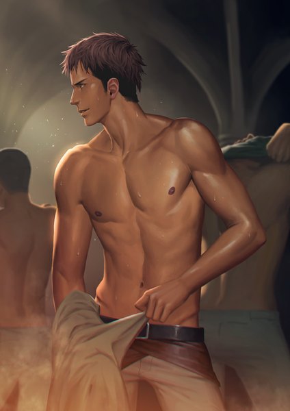 Anime picture 566x800 with shingeki no kyojin production i.g jean kirstein penguin frontier tall image fringe short hair brown hair standing nipples indoors parted lips lips sweat sweatdrop muscle shirtless boy belt pants