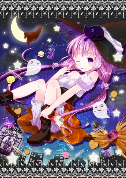 Anime picture 1300x1838 with original murasaki-neko long hair tall image blush purple eyes twintails purple hair one eye closed wink flying ghost witch crescent broom riding girl dress hat food boots