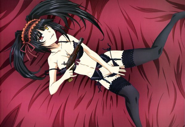 Anime picture 5962x4085 with date a live nyantype tokisaki kurumi watanabe shuu single long hair highres light erotic black hair twintails absurdres official art underwear only heterochromia :p uneven twintails girl thighhighs underwear panties