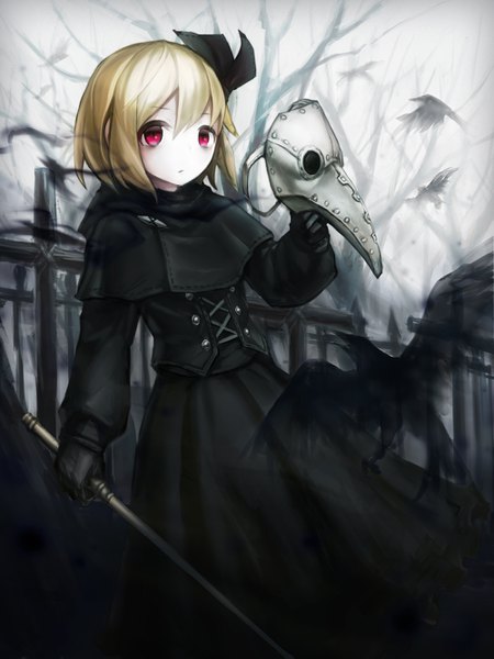 Anime picture 1000x1333 with touhou rumia spark621 single tall image looking at viewer fringe short hair blonde hair hair between eyes red eyes standing holding sky outdoors long sleeves pale skin bare tree fog plague doctor