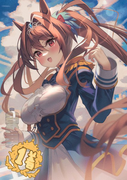 Anime picture 4341x6140 with umamusume daiwa scarlet (umamusume) dodota single long hair tall image blush fringe highres open mouth hair between eyes red eyes brown hair twintails animal ears looking away absurdres sky cloud (clouds) tail