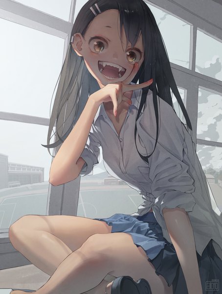 Anime picture 3500x4624 with ijiranaide nagatoro-san nagatoro hayase cana (tungnara) single long hair tall image looking at viewer highres open mouth black hair sitting yellow eyes absurdres indoors :d teeth victory twisty sleeves indian style girl