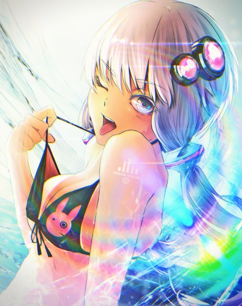 Anime picture 948x1200 with vocaloid yuzuki yukari ajigo long hair tall image breasts open mouth light erotic simple background twintails purple eyes ponytail one eye closed wink sunlight tattoo low twintails girl hair ornament animal