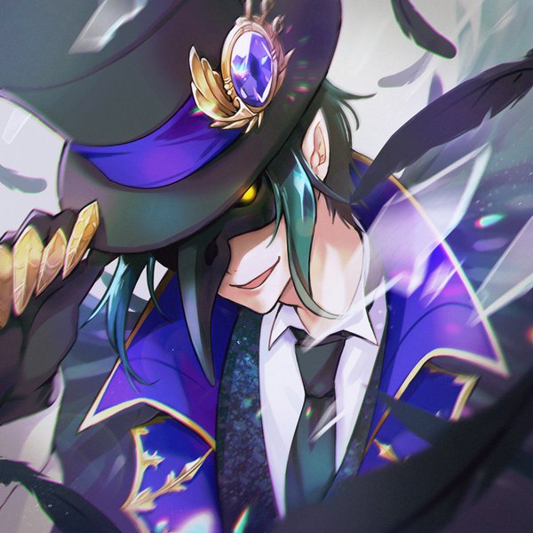 Anime picture 1000x1000 with twisted wonderland dire crowley imi fumei (imifu-imifu) single short hair open mouth smile yellow eyes upper body green hair adjusting hat boy hat necktie feather (feathers) mask gem top hat