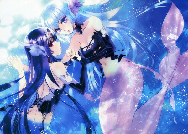 Anime picture 4236x3021 with dengeki hime kuramoto kaya long hair looking at viewer blush fringe highres light erotic black hair purple eyes bare shoulders multiple girls brown eyes blue hair absurdres cleavage purple hair looking back aqua eyes official art