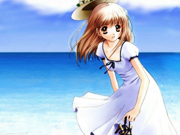 Anime picture 1024x768 with brown hair brown eyes summer seaside dress flower (flowers) ribbon (ribbons) hat white dress sea sandals