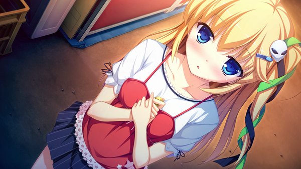 Anime picture 1280x720 with g.i.b. girls in black otonashi sorami tenmaso single long hair looking at viewer blush blue eyes blonde hair wide image game cg girl dress ribbon (ribbons) hair ribbon