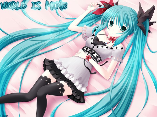 Anime picture 1024x768 with vocaloid world is mine (vocaloid) hatsune miku single long hair blush twintails very long hair nail polish aqua eyes aqua hair girl thighhighs dress black thighhighs