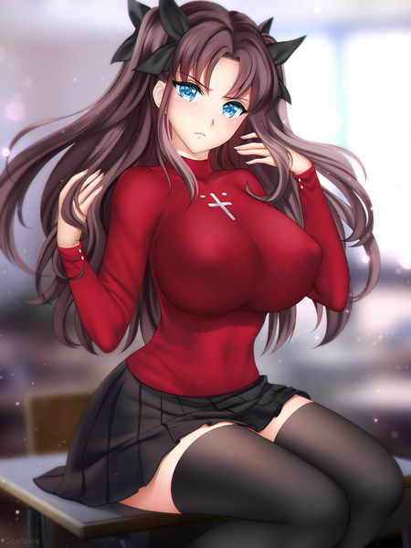 Anime picture 750x1000 with fate (series) fate/stay night toosaka rin gigamessy single long hair tall image looking at viewer blush fringe breasts blue eyes light erotic black hair sitting signed payot long sleeves head tilt pleated skirt