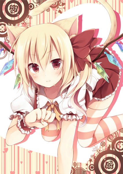 Anime picture 752x1062 with touhou flandre scarlet toosaka asagi single tall image looking at viewer blush short hair blonde hair red eyes animal ears tail animal tail cat ears cat girl cat tail girl thighhighs dress bow
