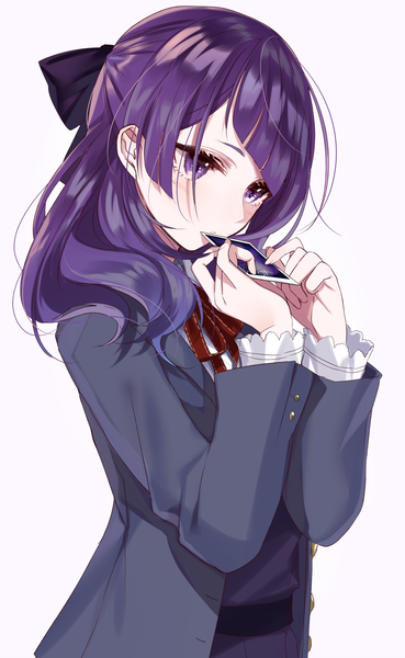 Anime picture 1230x2000 with idolmaster idolmaster shiny colors tanaka mamimi sinsihukunokonaka single long hair tall image blush fringe simple background standing purple eyes holding looking away purple hair upper body blunt bangs long sleeves open clothes half updo