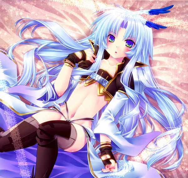 Anime picture 1024x973 with final fantasy square enix kuja minatosaiga (artist) single long hair white hair otoko no ko multicolored eyes genderswap boy gloves navel fingerless gloves thigh boots feather (feathers)