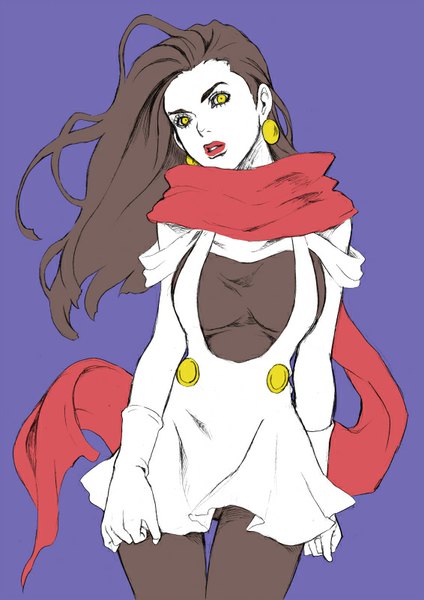 Anime picture 566x800 with jojo no kimyou na bouken lisa lisa chounorin single long hair tall image black hair simple background yellow eyes looking away wind lipstick eyebrows red lipstick purple background girl gloves earrings pantyhose scarf