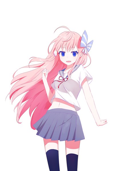Anime picture 1061x1500 with original rioom single long hair tall image looking at viewer blue eyes simple background white background pink hair ahoge pleated skirt wind midriff zettai ryouiki girl thighhighs skirt uniform bow