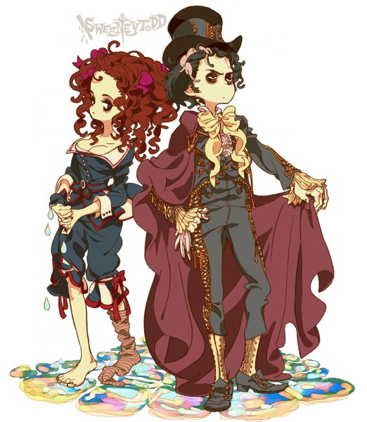 Anime picture 1175x1350 with sweeney todd jhonny depp sweeney todd (character) mrs. lovett helena bonam-carter ninton tall image simple background brown hair white background cleavage barefoot green hair couple eyeshadow back to back girl boy hair ornament hat