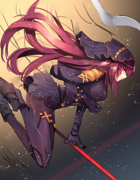 Anime picture 965x1240 with fate (series) fate/grand order scathach (fate) (all) scathach (fate) neko-hime (neko-hime) single long hair tall image breasts light erotic red eyes large breasts payot looking away pink hair bent knee (knees) ass gradient background falling girl