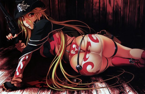 Anime picture 1800x1169 with tsuzuki satsuriku no jango tre donne crudeli nitroplus donne anonime nishii (nitroplus) single long hair highres breasts light erotic blonde hair red eyes large breasts ass looking back from behind wallpaper legs mouth hold skull and crossbones