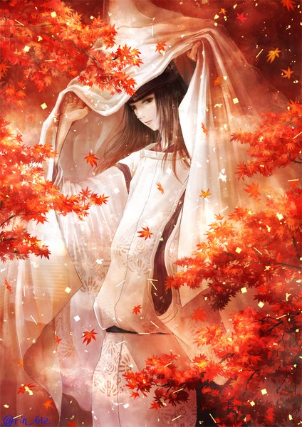 Anime picture 1500x2122 with hikaru no go studio pierrot fujiwara no sai wariko single long hair tall image looking at viewer black hair standing signed traditional clothes japanese clothes black eyes twitter username autumn boy hat leaf (leaves) autumn leaves