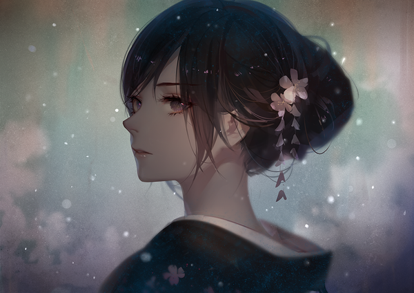 Anime-Bild 1000x707 mit di qiu wang shi ask (askzy) single short hair black hair traditional clothes japanese clothes pink eyes looking back hair flower girl hair ornament flower (flowers) kimono