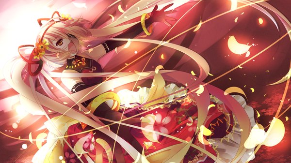 Anime picture 1200x675 with aoi (kirabosi105) single long hair open mouth blonde hair wide image twintails yellow eyes hair flower girl dress gloves hair ornament elbow gloves bracelet eyepatch
