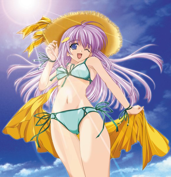 Anime picture 1365x1411 with lamune konoe nanami tall image blue eyes sky purple hair girl ribbon (ribbons) swimsuit hat bikini