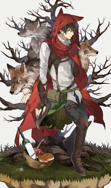 イラスト 1474x2500 と little red riding hood オリジナル さんど ソロ 長身像 前髪 短い髪 黒髪 simple background hair between eyes 立つ 白背景 黄色眼 全身 fingernails コスプレ bare tree animal hood sharp fingernails little red riding hood (cosplay)