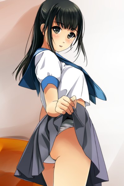 Anime picture 800x1200 with original matsunaga kouyou single long hair tall image looking at viewer blush fringe light erotic black hair brown eyes skirt lift girl uniform underwear panties serafuku white panties