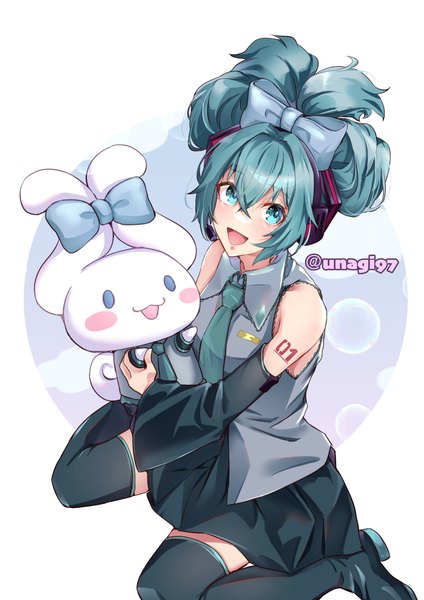 Anime picture 3541x5016 with vocaloid sanrio hatsune miku cinnamiku cinnamoroll sodemaru unagi single tall image looking at viewer fringe highres short hair open mouth hair between eyes sitting signed absurdres :d aqua eyes from above