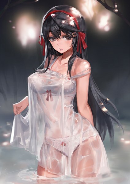 Anime picture 764x1080 with kantai collection haruna battleship kishiyo single long hair tall image looking at viewer blush fringe breasts light erotic black hair hair between eyes bare shoulders brown eyes parted lips sunlight bare legs wet wet clothes