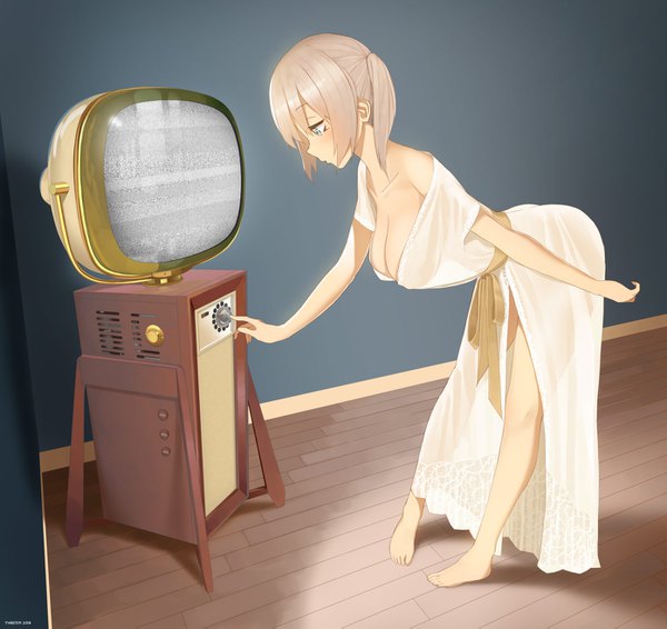 Anime picture 1393x1315 with original throtem single short hair breasts blue eyes light erotic large breasts white hair leaning girl dress television