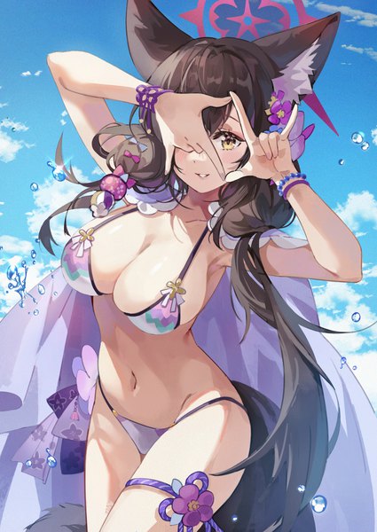 Anime picture 1075x1518 with blue archive wakamo (blue archive) wakamo (swimsuit) (blue archive) hoshiko (419401x) single long hair tall image looking at viewer blush fringe breasts light erotic smile large breasts standing animal ears yellow eyes sky cloud (clouds) braid (braids)