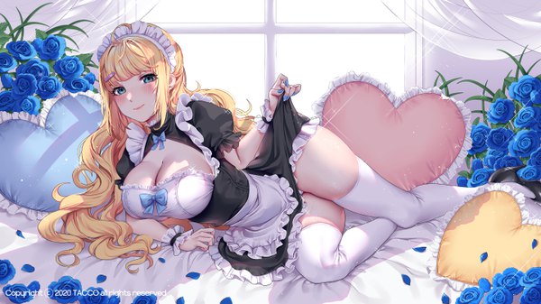 Anime picture 5760x3240 with original tacco (tikeworld) single long hair looking at viewer blush fringe highres breasts blue eyes light erotic blonde hair wide image large breasts absurdres cleavage indoors lying nail polish fingernails