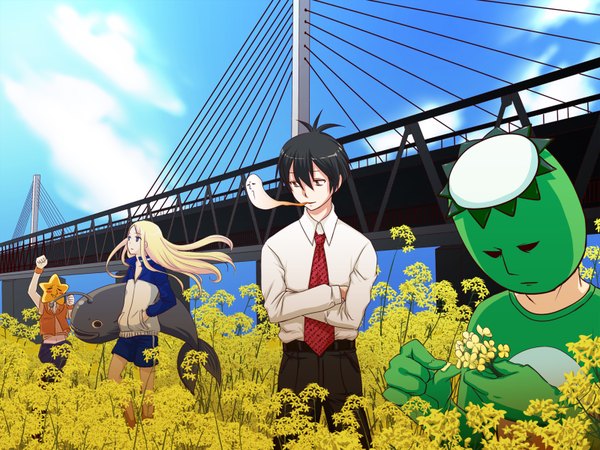 Anime picture 1600x1200 with arakawa under the bridge shaft (studio) nino ichinomiya kou hoshi (arakawa) village chief long hair short hair black hair blonde hair sky crossed arms hands in pockets kappa girl boy necktie shorts star (symbol) fish (fishes)