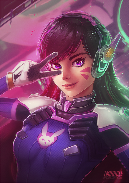 Anime picture 877x1240 with overwatch blizzard entertainment d.va (overwatch) tmiracle single long hair tall image looking at viewer fringe black hair smile purple eyes signed upper body lips realistic facial mark portrait victory whisker markings