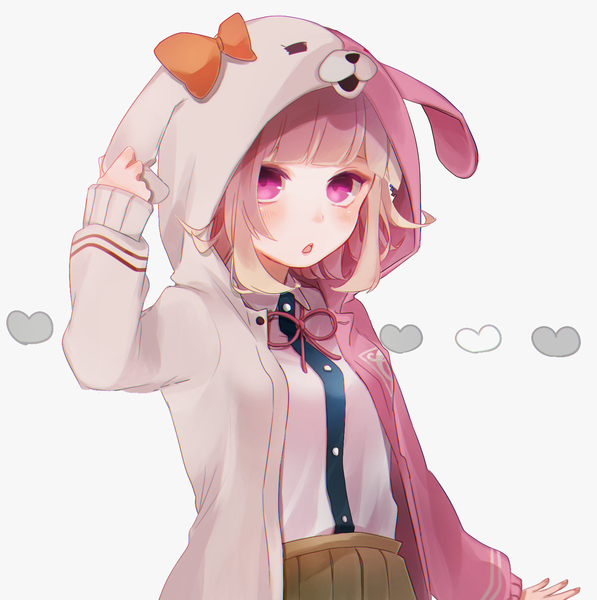 Anime picture 1400x1409 with dangan ronpa super dangan ronpa 2 nanami chiaki rupika (rr ca) single tall image looking at viewer blush fringe short hair open mouth simple background standing white background pink hair blunt bangs pleated skirt pink eyes arm up open jacket
