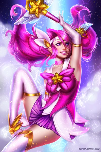 Anime-Bild 3333x5000 mit league of legends lux (league of legends) star guardian lux ayyasap single long hair tall image fringe highres open mouth light erotic smile hair between eyes twintails holding signed looking away pink hair absurdres cloud (clouds)