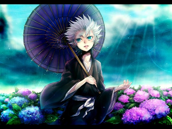 Anime picture 1000x750 with bleach studio pierrot hitsugaya toushirou sakumo single short hair looking away upper body white hair traditional clothes japanese clothes aqua eyes sunlight outstretched arm letterboxed shaded face rain spiked hair boy flower (flowers)
