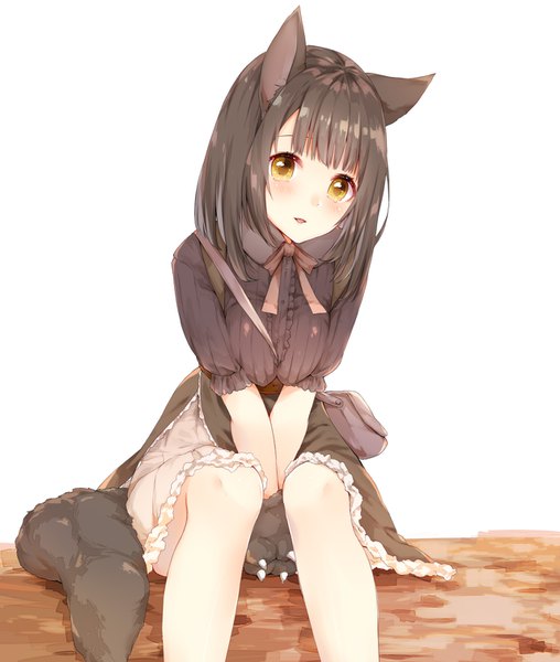 Anime picture 1280x1512 with original manatsuki manata single long hair tall image looking at viewer blush fringe black hair simple background smile white background sitting animal ears yellow eyes tail blunt bangs parted lips animal tail between breasts