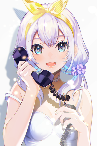 Anime picture 990x1490 with original letta illust single long hair tall image looking at viewer fringe open mouth blue eyes simple background hair between eyes white background twintails silver hair upper body :d shadow low twintails strap slip girl