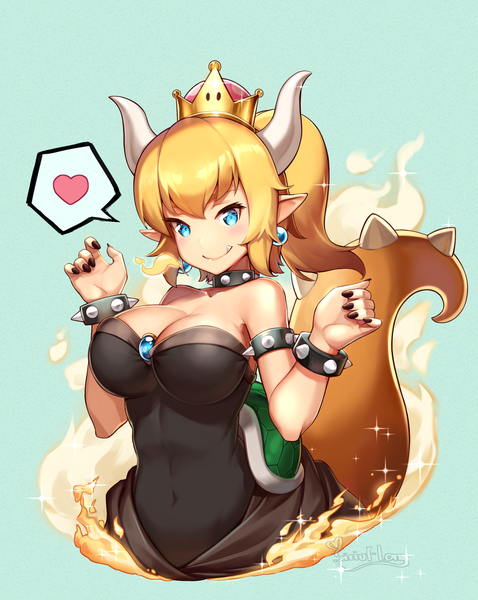 Anime picture 1196x1500 with super mario bros. new super mario bros. u deluxe bowsette siriuf single long hair tall image blush breasts blue eyes light erotic simple background blonde hair large breasts signed cleavage upper body ponytail nail polish horn (horns)