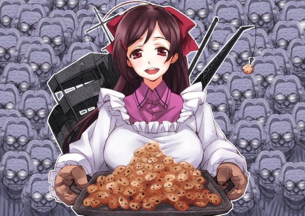 Anime picture 1200x850 with kantai collection cookie clicker mamiya food supply ship grandma (cookie clicker) matsuryuu long hair looking at viewer blush open mouth red eyes brown hair multiple girls holding ahoge glowing solo focus glowing eye (eyes) 6+ girls multiple persona girl